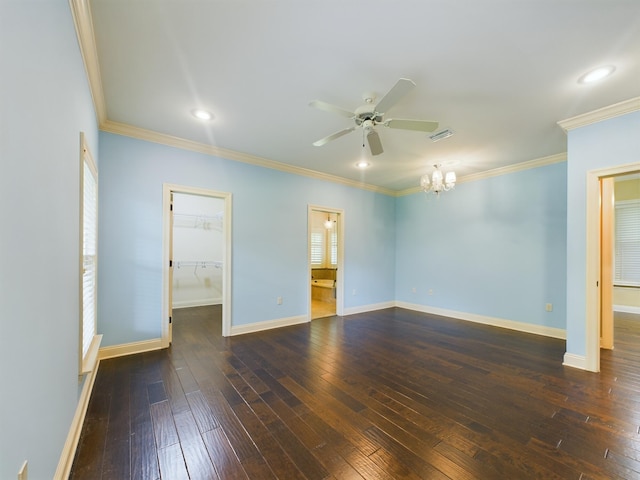 unfurnished bedroom with baseboards, dark wood-style flooring, and crown molding