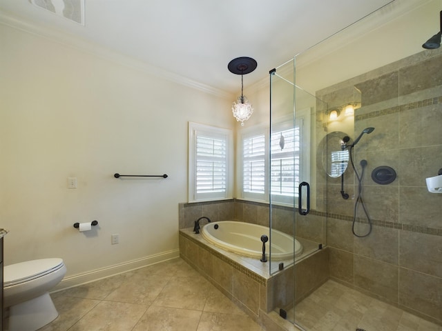 bathroom with separate shower and tub, toilet, ornamental molding, and tile patterned flooring