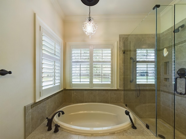 bathroom featuring a healthy amount of sunlight, a stall shower, ornamental molding, and a bath