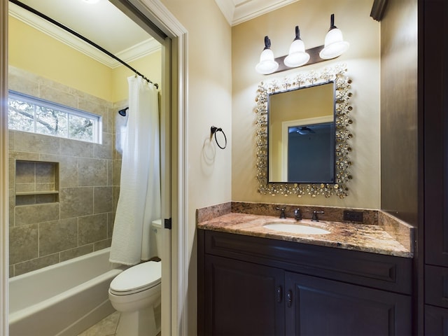 full bathroom featuring toilet, tile patterned floors, vanity, shower / bathtub combination with curtain, and ornamental molding