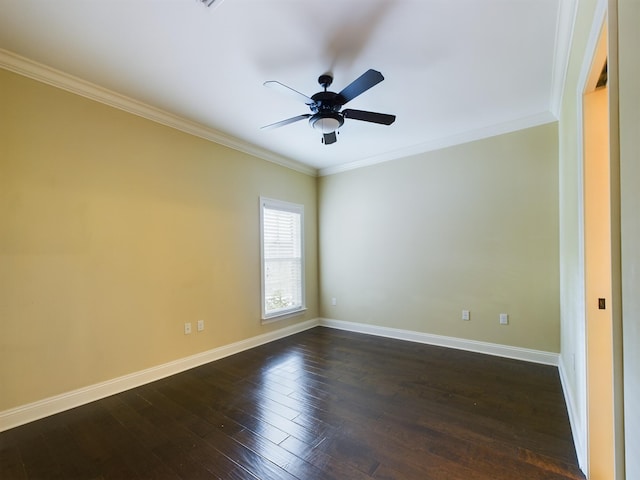 unfurnished room featuring ceiling fan, ornamental molding, and wood-type flooring