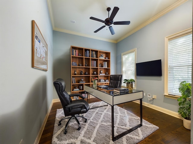 home office with crown molding, dark wood-type flooring, and ceiling fan