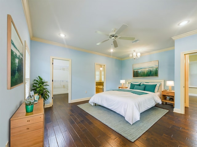 bedroom with ceiling fan, a walk in closet, dark wood-type flooring, and ornamental molding