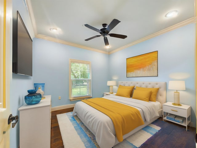 bedroom featuring dark wood-style floors, ornamental molding, baseboards, and ceiling fan