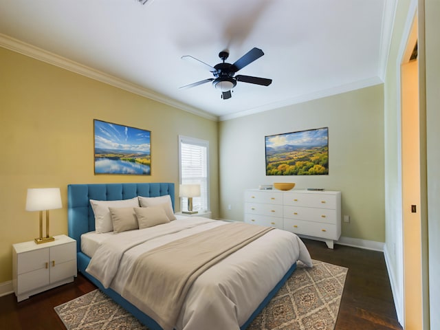 bedroom with ceiling fan, crown molding, and dark hardwood / wood-style floors