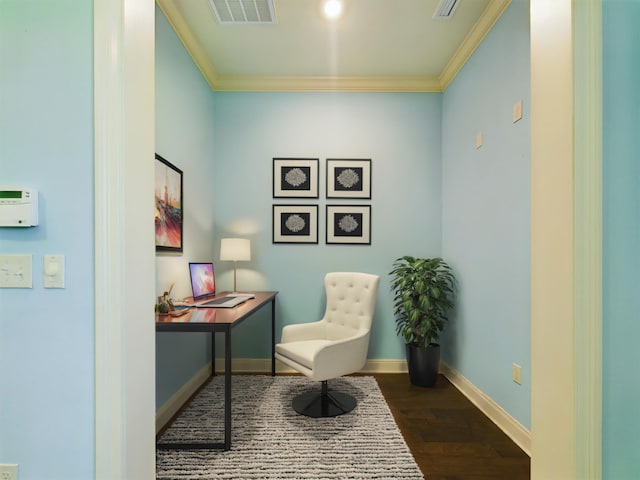 sitting room featuring baseboards, dark wood-type flooring, visible vents, and crown molding