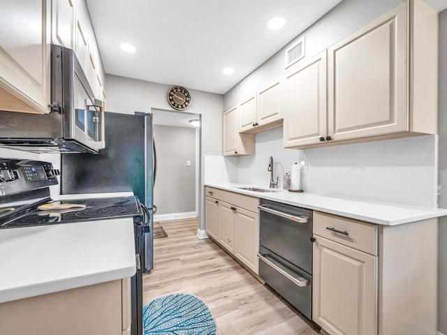 kitchen with light hardwood / wood-style flooring, sink, and white electric stove