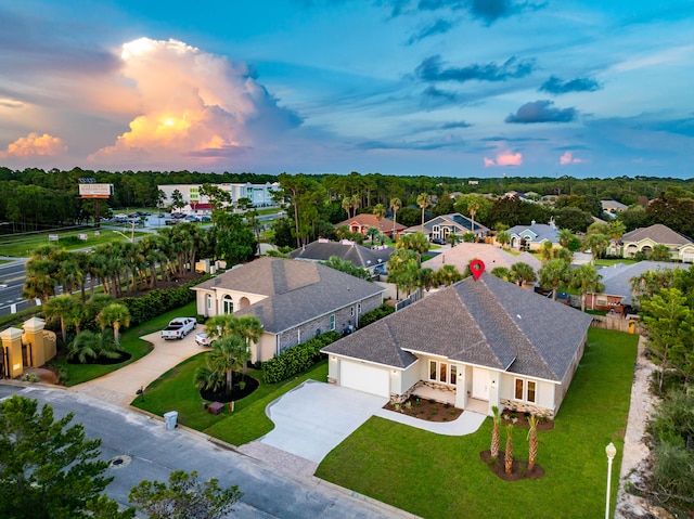 view of aerial view at dusk