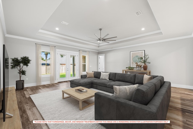 living room featuring dark wood-type flooring, french doors, a tray ceiling, and ceiling fan