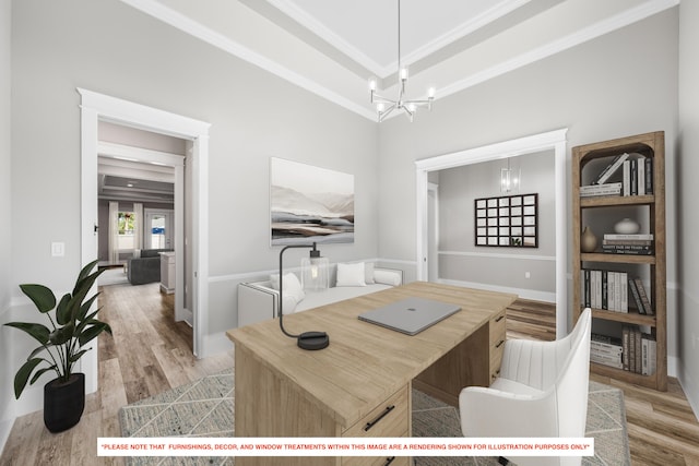 office area featuring crown molding, a chandelier, and light wood-type flooring