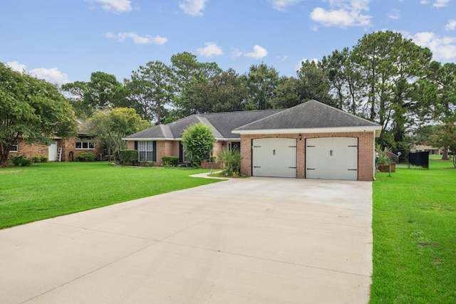 single story home featuring a front lawn and a garage