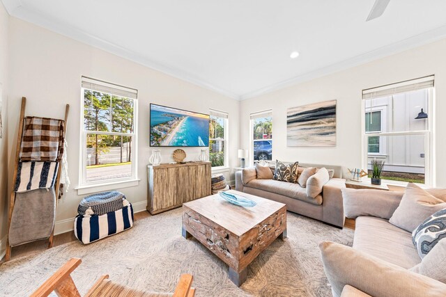 living room with crown molding and light wood-type flooring