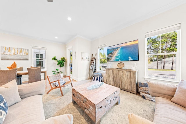 living room featuring light carpet and ornamental molding