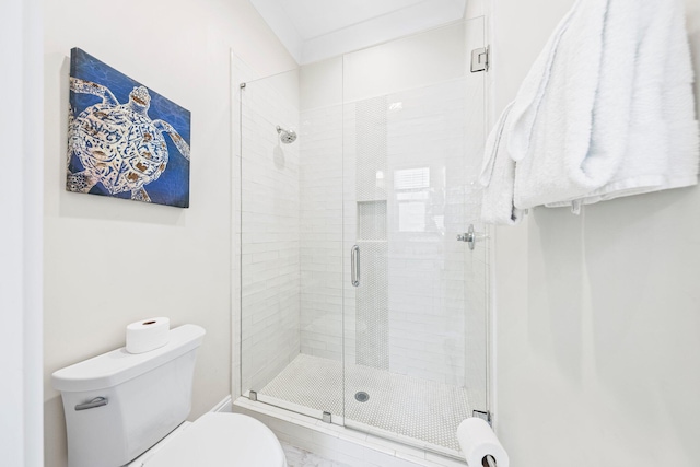 bathroom featuring a shower with shower door and toilet