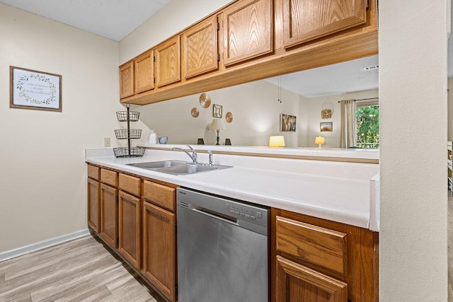 kitchen featuring dishwasher, sink, kitchen peninsula, and light wood-type flooring