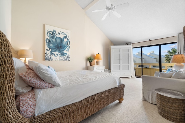 carpeted bedroom featuring ceiling fan, access to exterior, and high vaulted ceiling