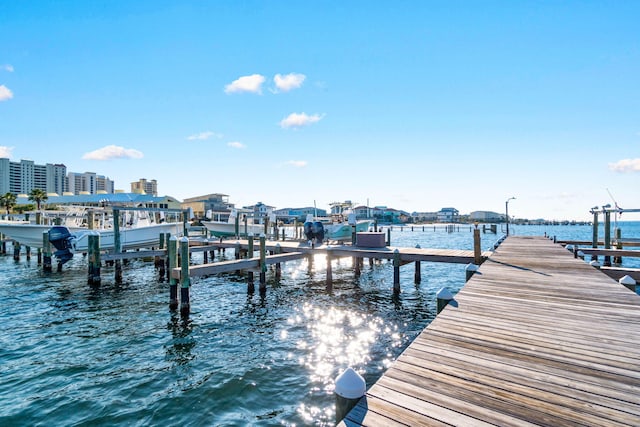 view of dock with a water view