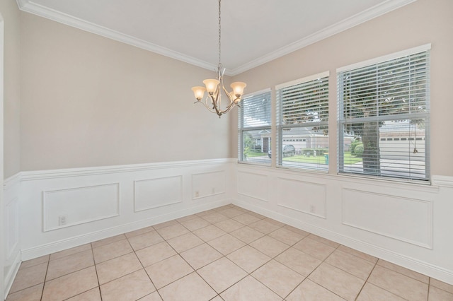 unfurnished dining area with light tile patterned flooring, a notable chandelier, and crown molding