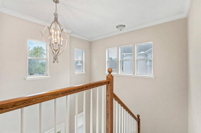 hallway featuring a notable chandelier and crown molding