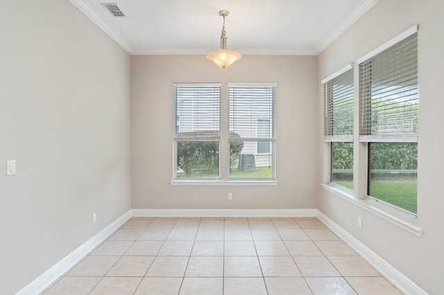 tiled empty room with crown molding