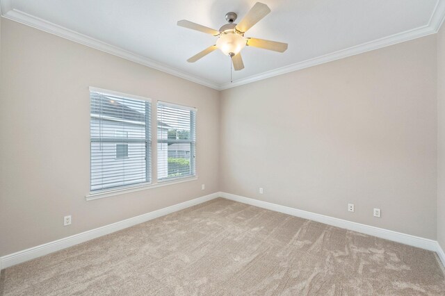 carpeted empty room featuring crown molding and ceiling fan