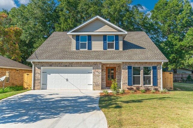 view of front of property featuring a garage, brick siding, fence, roof with shingles, and a front lawn