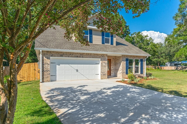 view of front of house with a front yard, brick siding, fence, and driveway