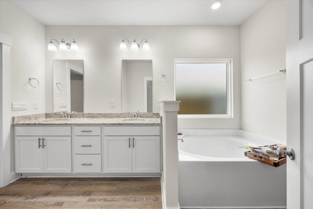 bathroom with double vanity, a washtub, and wood-type flooring