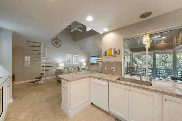 kitchen featuring sink, white cabinets, dishwasher, and ceiling fan