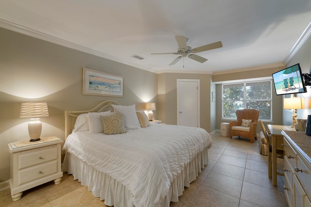 tiled bedroom featuring crown molding and ceiling fan