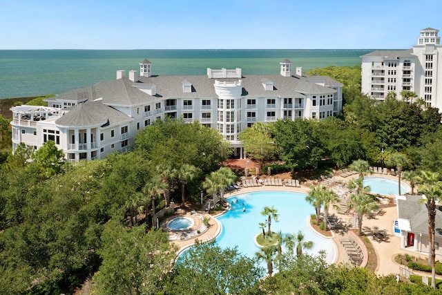 aerial view featuring a water view