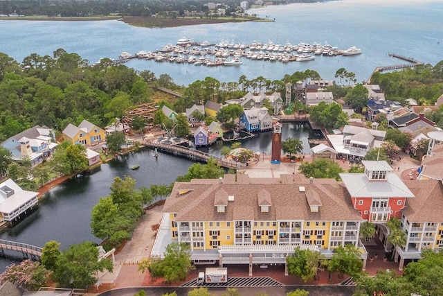 birds eye view of property featuring a water view