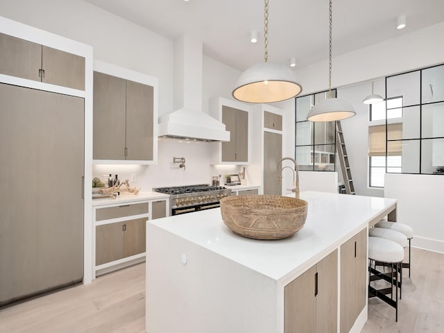 kitchen with stainless steel range with gas cooktop, hanging light fixtures, light hardwood / wood-style floors, and custom exhaust hood