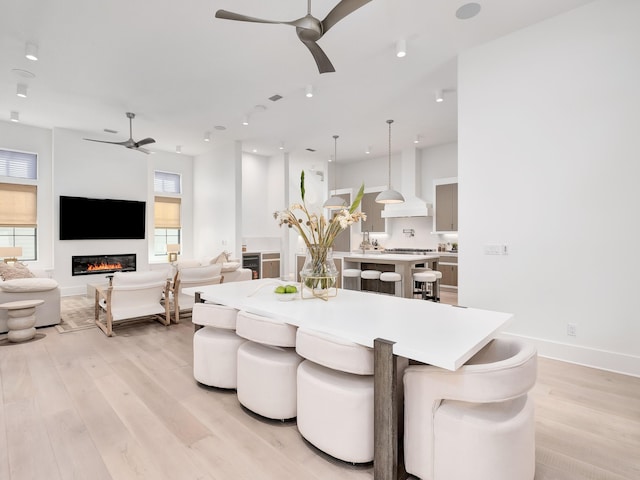 dining area with ceiling fan, light wood-type flooring, and a healthy amount of sunlight