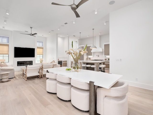 dining room featuring ceiling fan, light hardwood / wood-style floors, and a healthy amount of sunlight