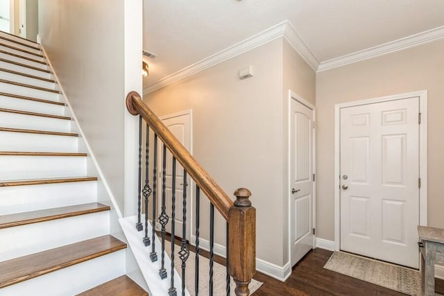 interior space featuring dark hardwood / wood-style flooring and ornamental molding