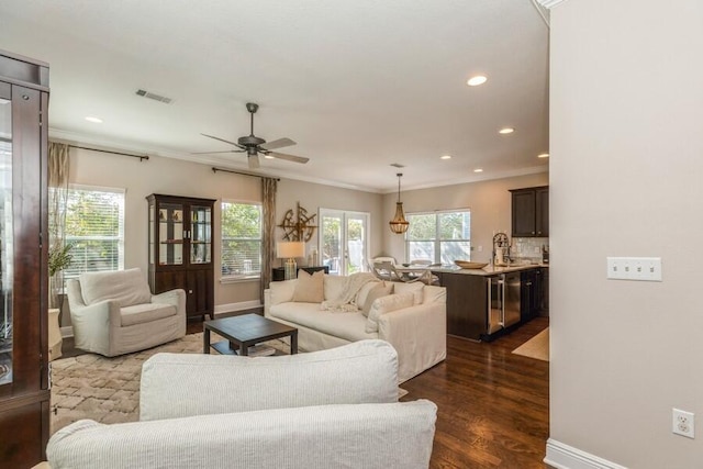 living room featuring plenty of natural light, crown molding, and dark hardwood / wood-style floors