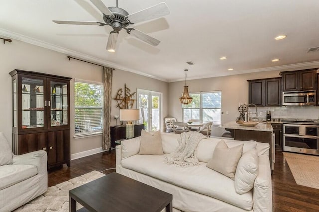 living room featuring sink, ceiling fan, dark hardwood / wood-style floors, and crown molding