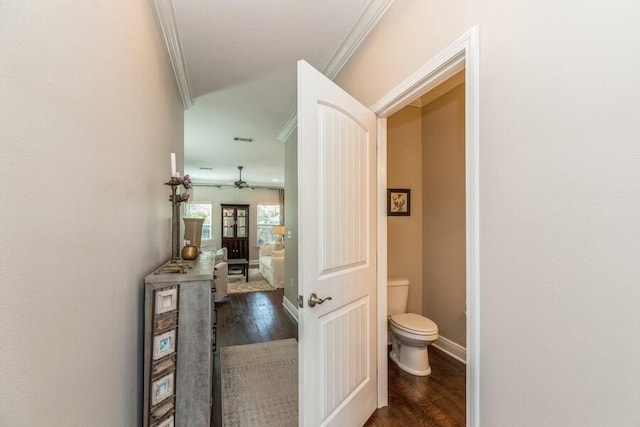 corridor featuring ornamental molding and dark hardwood / wood-style floors