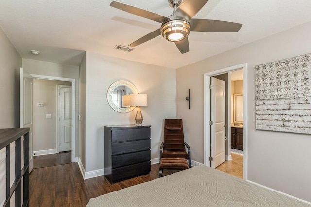 bedroom with wood-type flooring and ceiling fan