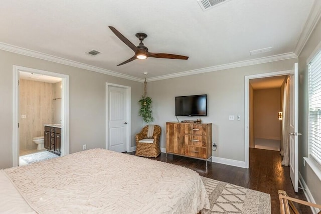 bedroom with crown molding, dark wood-type flooring, and ceiling fan