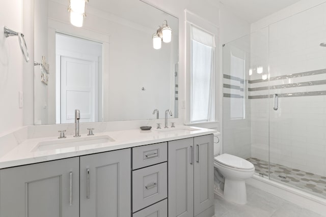 bathroom featuring vanity, an enclosed shower, and toilet