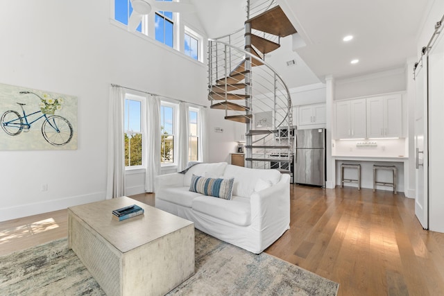 living room with hardwood / wood-style flooring and a towering ceiling