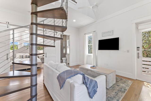 living room featuring ceiling fan, ornamental molding, and hardwood / wood-style floors