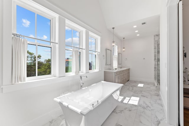 bathroom featuring vanity, a high ceiling, and a tub