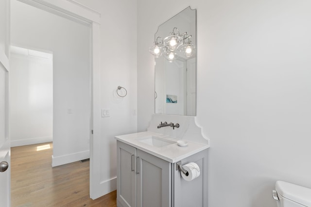 bathroom featuring vanity, hardwood / wood-style flooring, and toilet