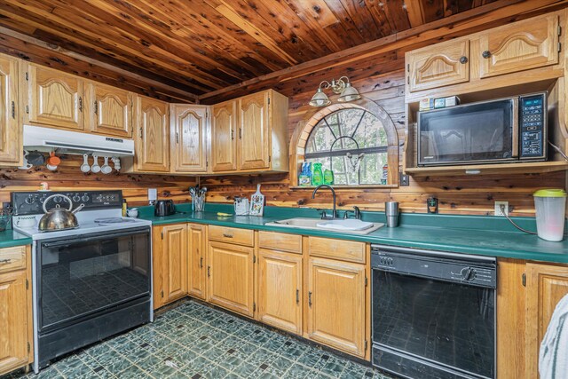 kitchen with sink, wooden ceiling, wooden walls, and black appliances