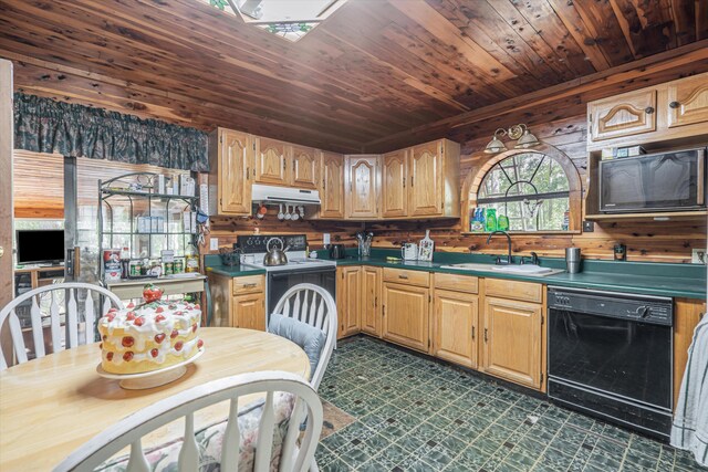 kitchen featuring wood ceiling, sink, wooden walls, and black appliances