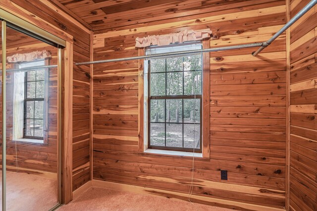 interior space featuring wood ceiling, carpet, wooden walls, and plenty of natural light