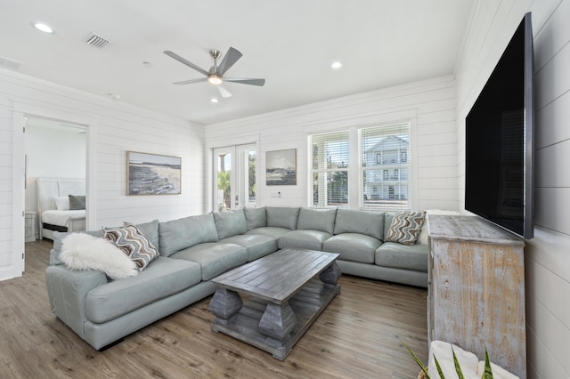 living room with visible vents, ceiling fan, wood finished floors, french doors, and recessed lighting